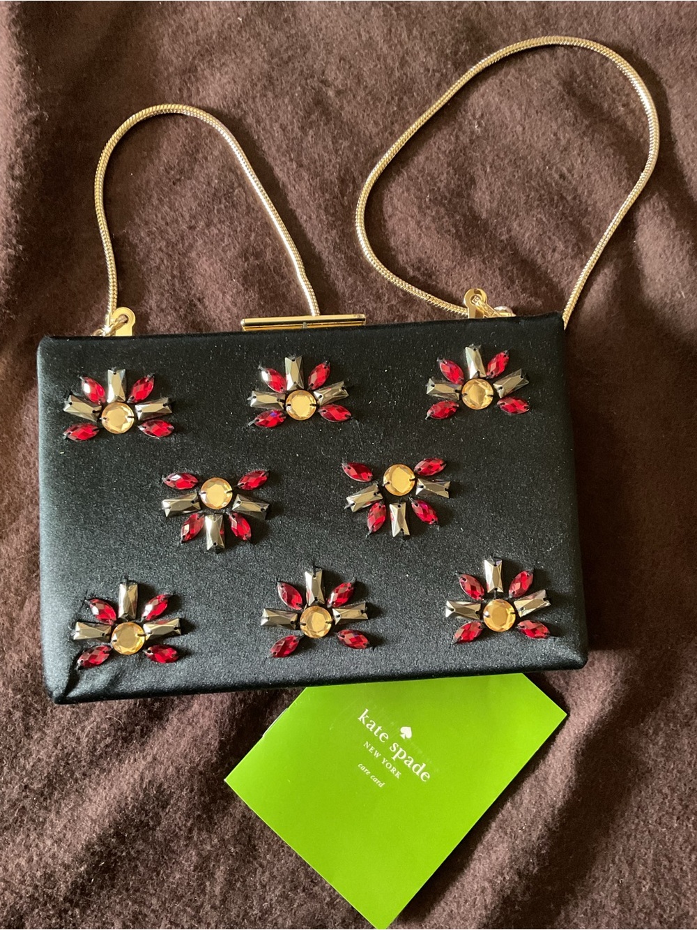kate spade Black Satin Jeweled Clutch with Red and Gold Accents